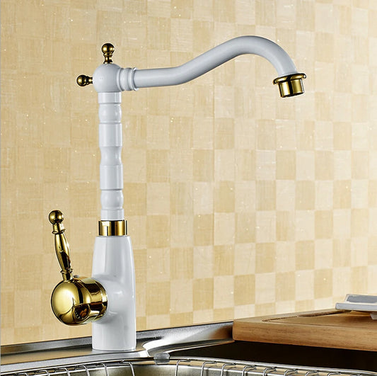 White & Gold Single Handle Brass Bathroom Faucet – Model W3022
